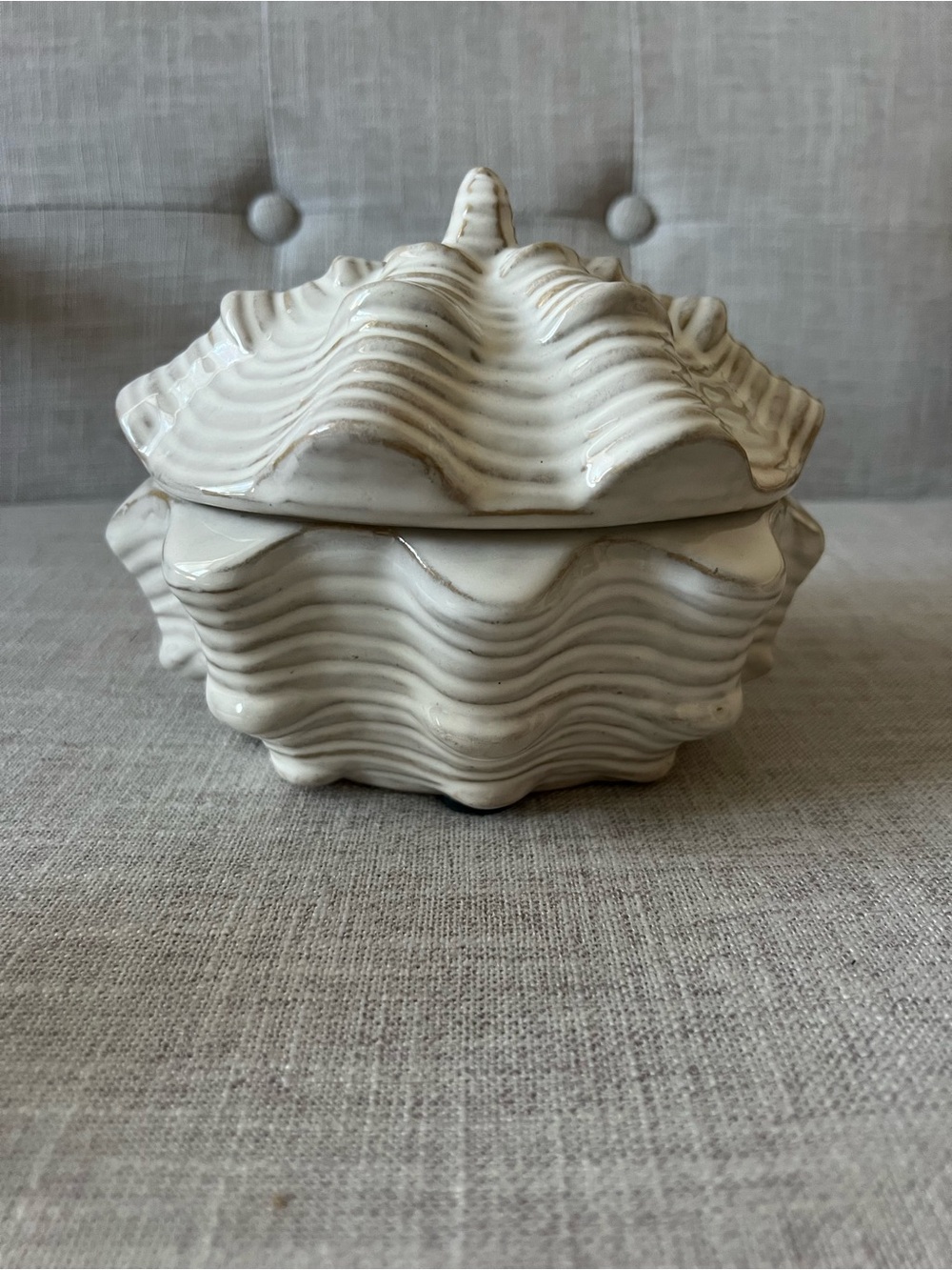 White Ceramic Shell Decorative Jar - Home Art, 5.5”x4.5”. Height is 6 in w/lid.